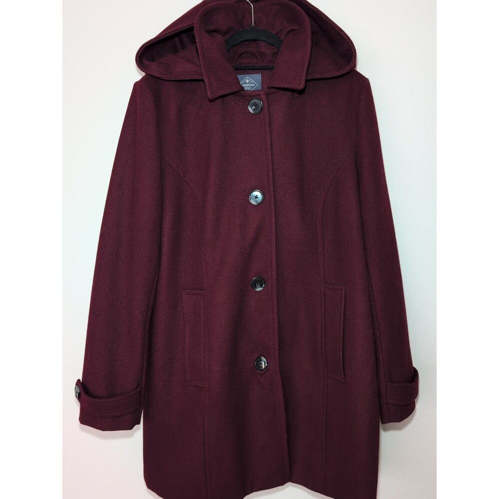 St John Bay Burgundy Wine Single Breasted‎ Hood Wool Blend Button Up Coat 3/4 XL